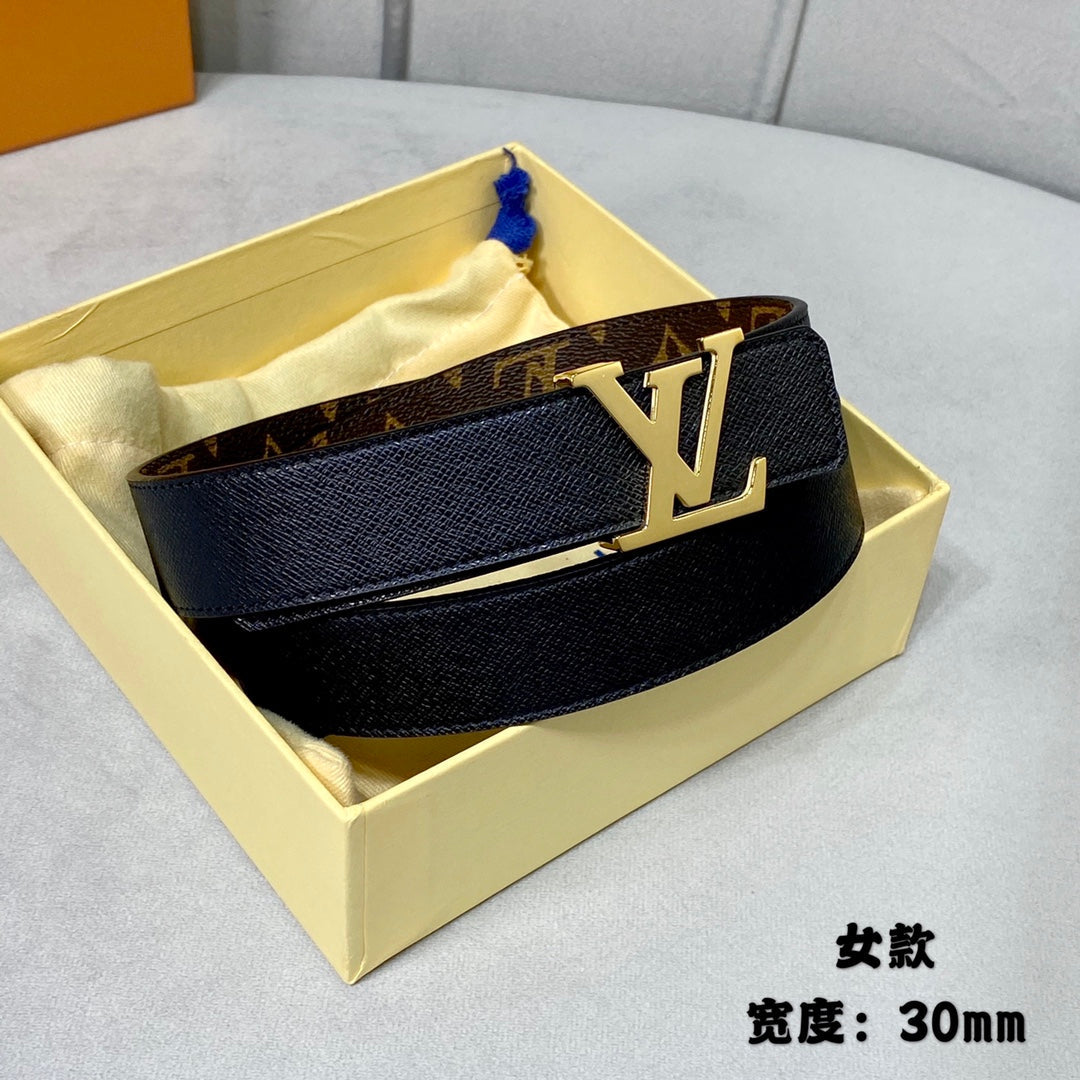 LOUIS VUITTON LV INITIALES 30 MM REVERSIBLE BELT IN BROWN MONOGRAM AND BLACK CALFSKIN GOLD HARDWARE