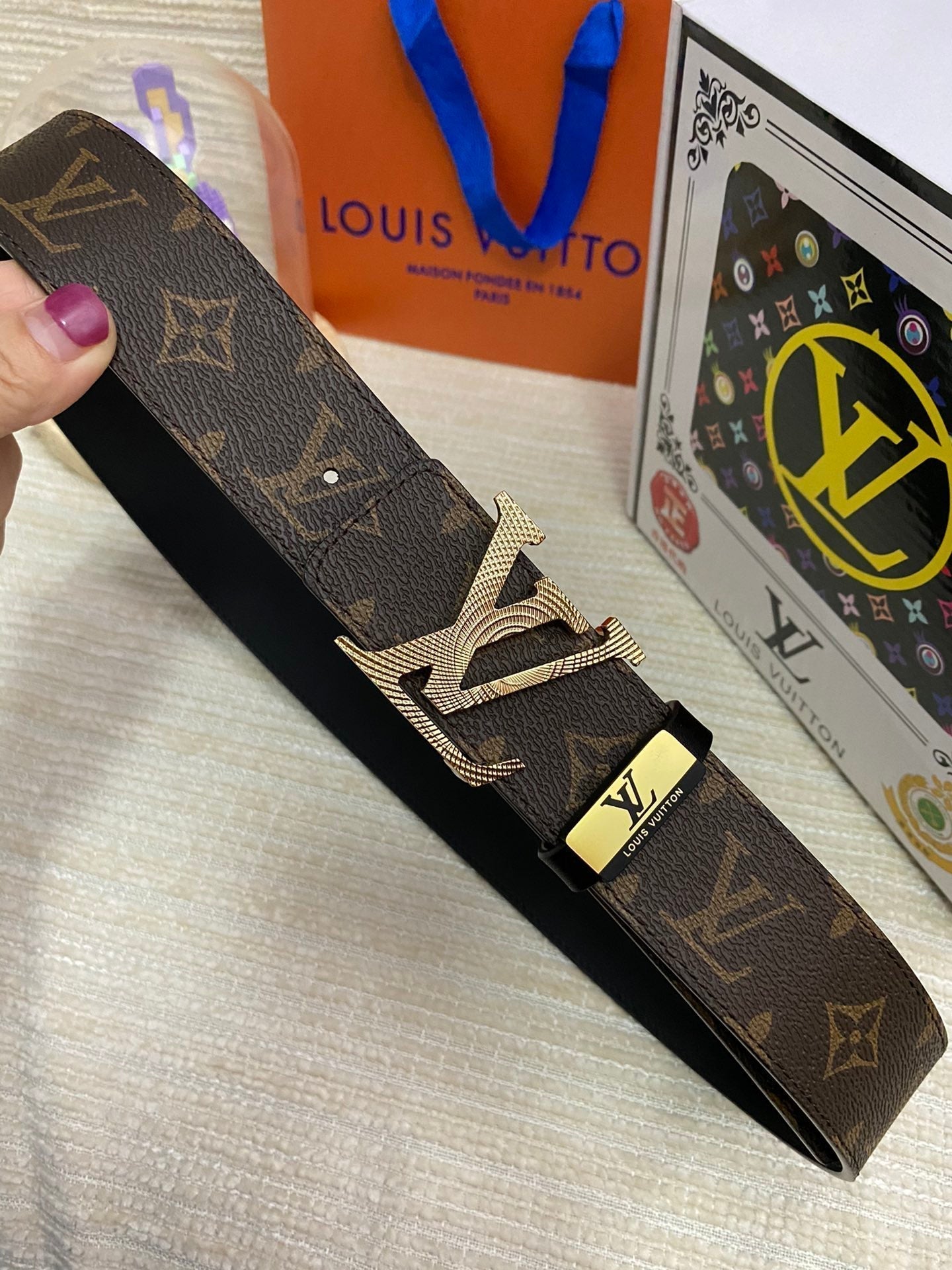 LOUIS VUITTON LV 25S BELT 38 MM IN DARK BROWN CALFSKIN PRINT PATTERNS 593286