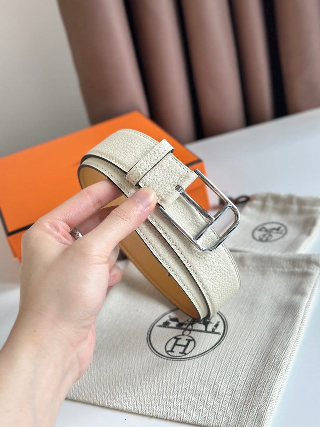 HM ROMAIN 35MM BELT WHITE CREAM LEATHER SILVER HARDWARE|Hermès belt
