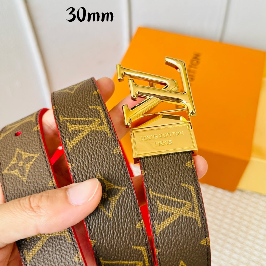 LOUIS VUITTON LV Initiales 30mm Reversible Belt Gold Rotating Buckle Red Brown Leather