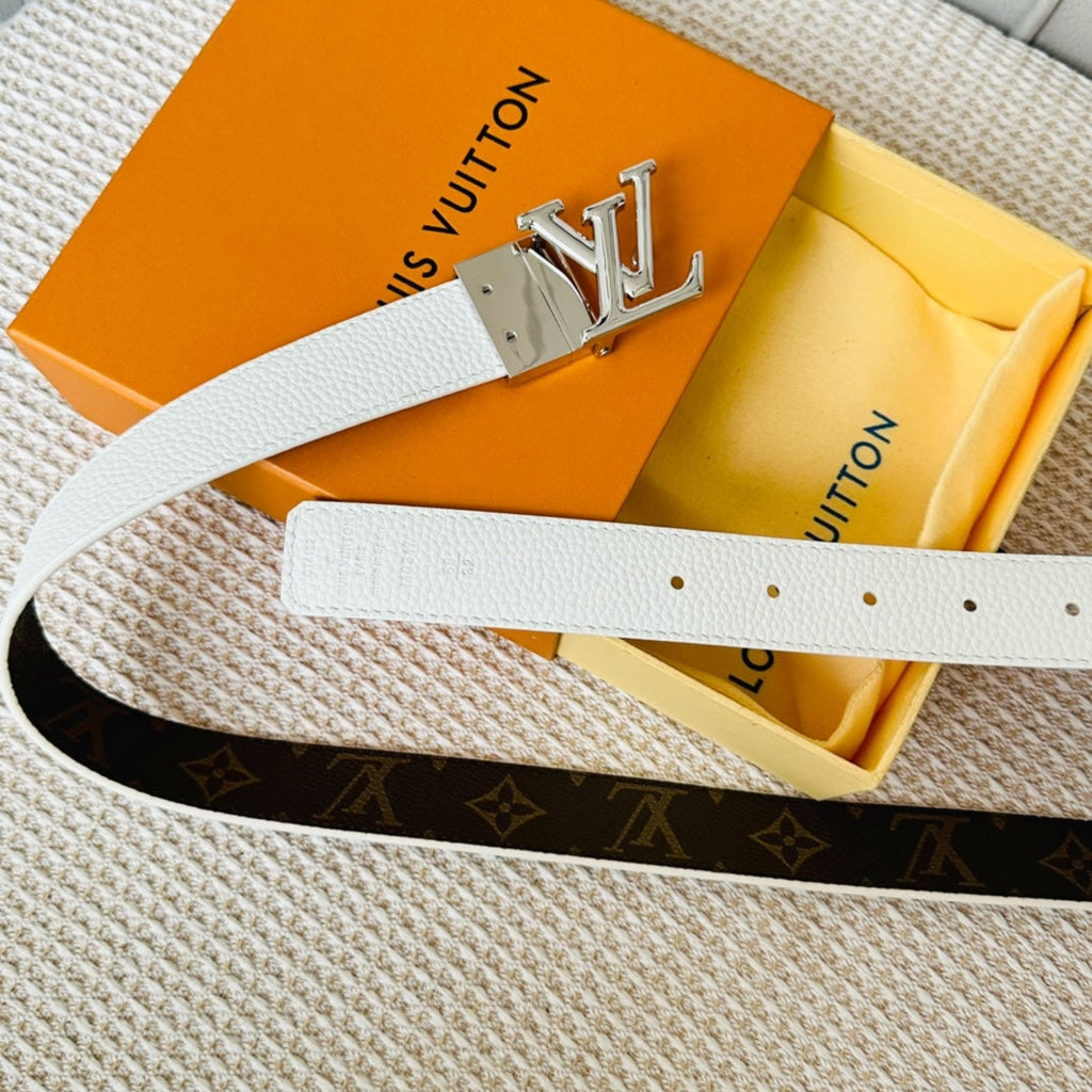 LOUIS VUITTON LV Initiales 30mm Reversible Belt Silver Rotating Buckle White Brown Leather
