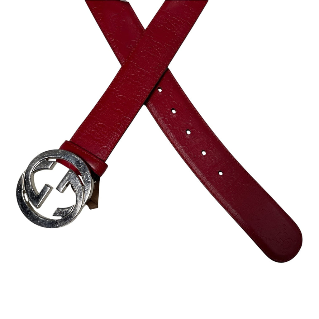 GUCCI/Belt/Monogram/Leather/RED/M's/GUCCISIMA/ SLV GG/ 104-42