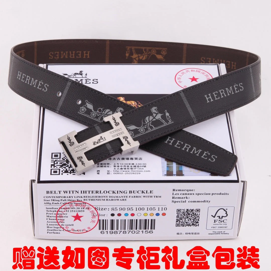 HM Constance Belt 38mm Black Brown Cowhide Sliver Buckle 620188|Hermès belt