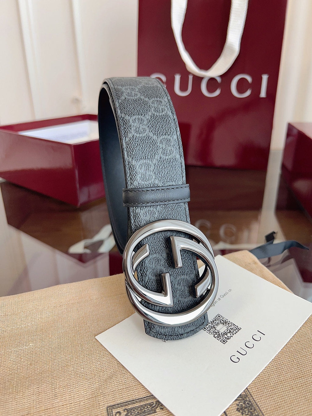 Gucci Supreme Belt Blunt Copper Buckle 40mm Slate Gray Leather Canvas