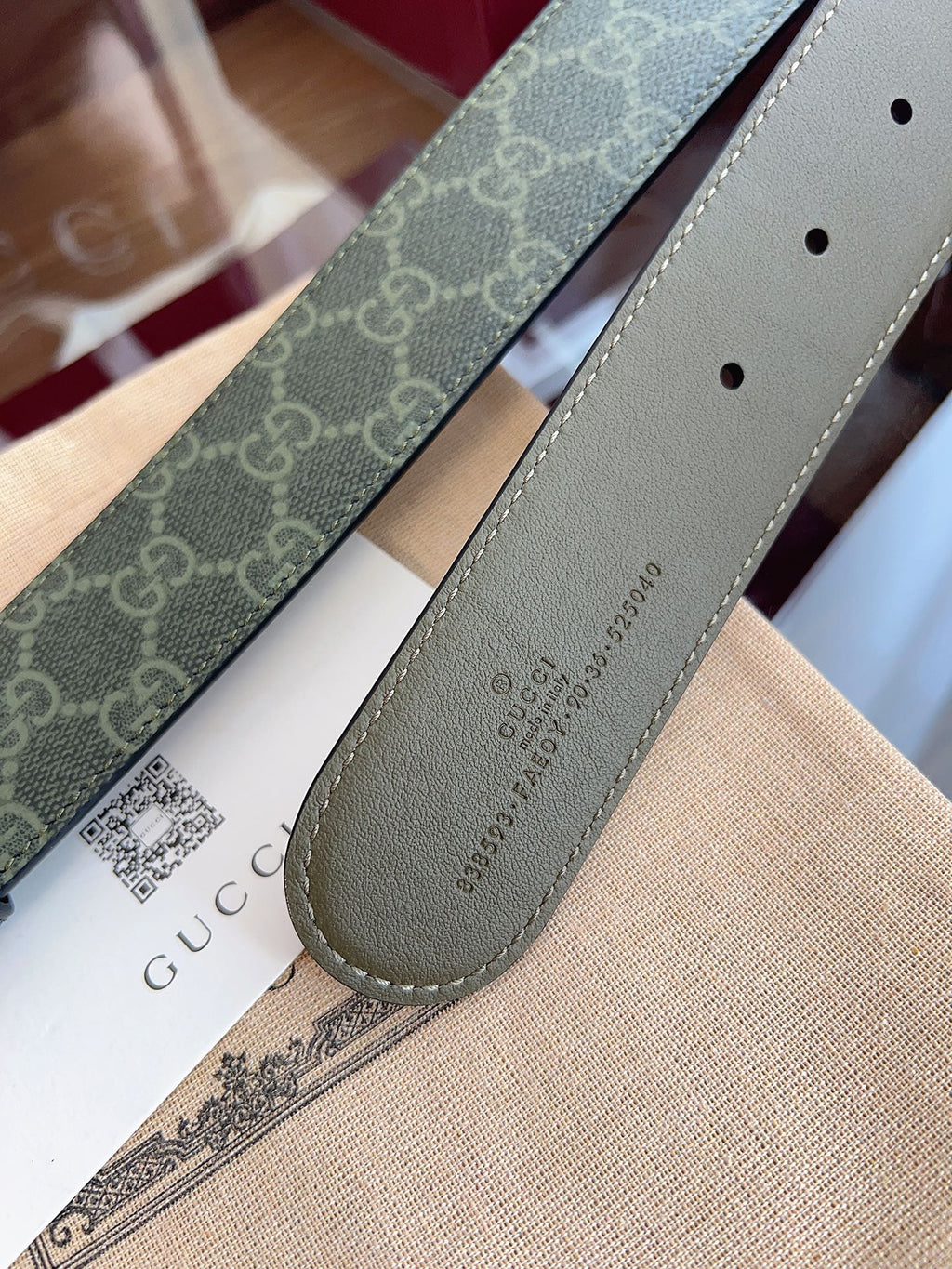 Gucci Belt  Double G Gold Buckle 40mm Green Leather Canvas