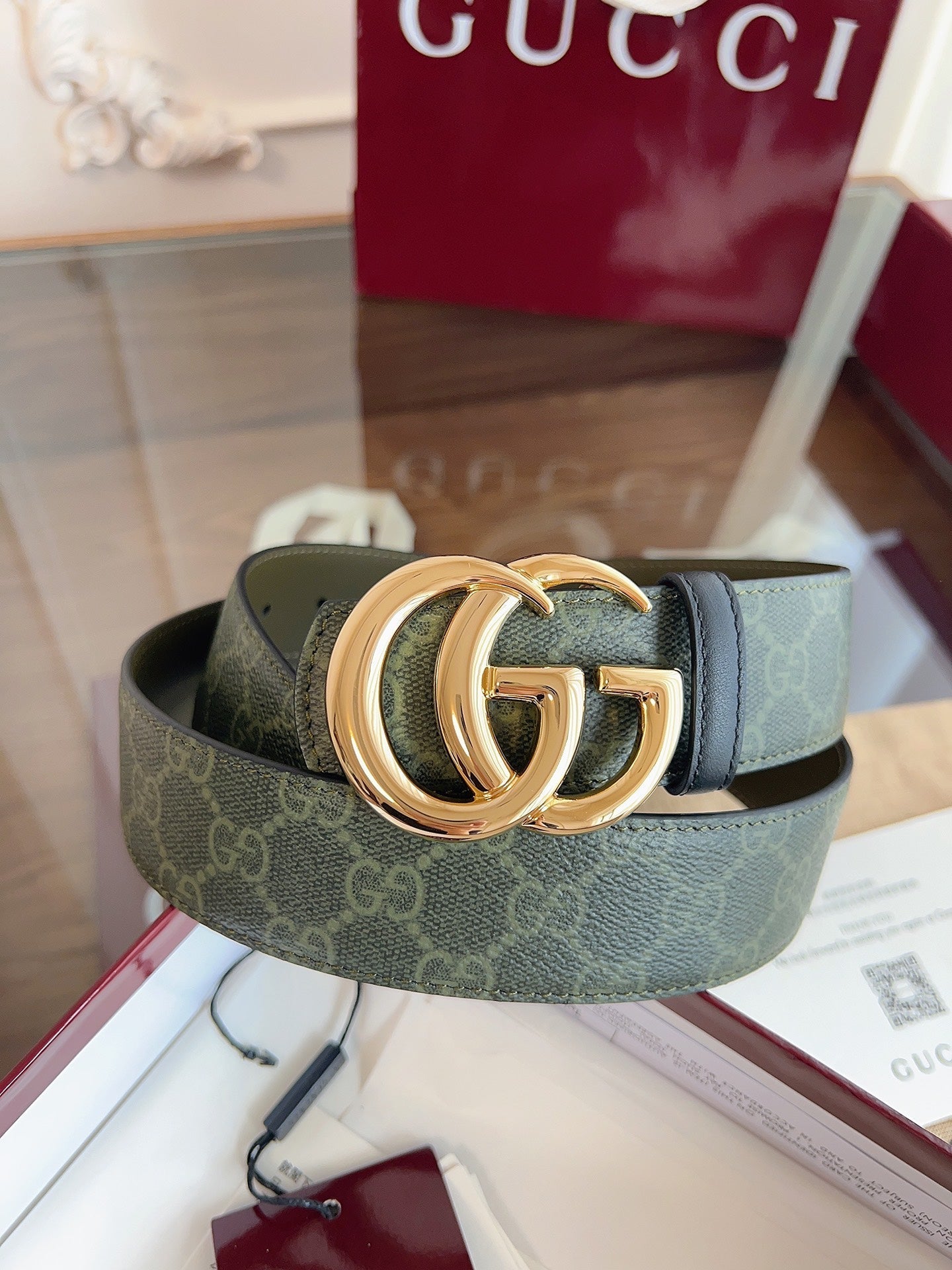 Gucci Belt  Double G Gold Buckle 40mm Green Leather Canvas