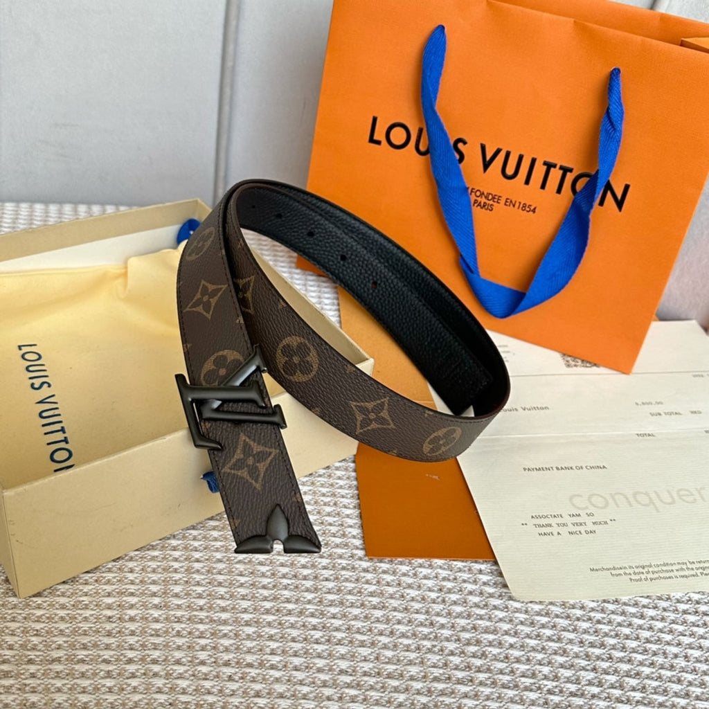 LOUIS VUITTON PRETTY LV 30MM REVERSIBLE BELT IN BLACK CALFSKIN BLACK HARDWARE