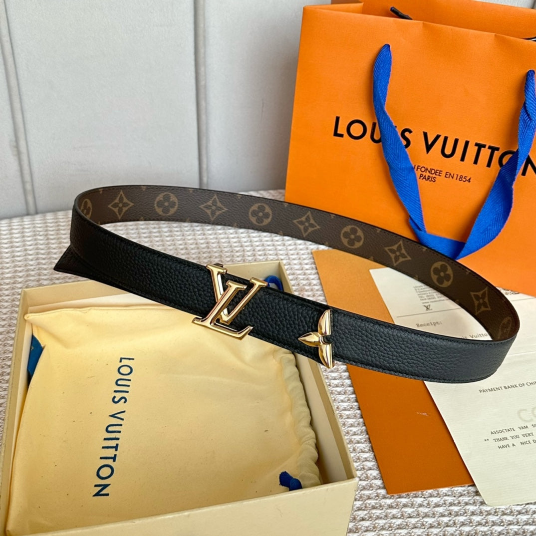 LOUIS VUITTON PRETTY LV 30MM REVERSIBLE BELT IN BLACK CALFSKIN GOLD HARDWARE