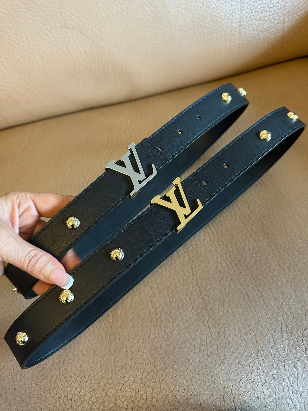 LOUIS VUITTON LV Initiales Studs 30mm Reversible Belt Silver Buckle Black Leather