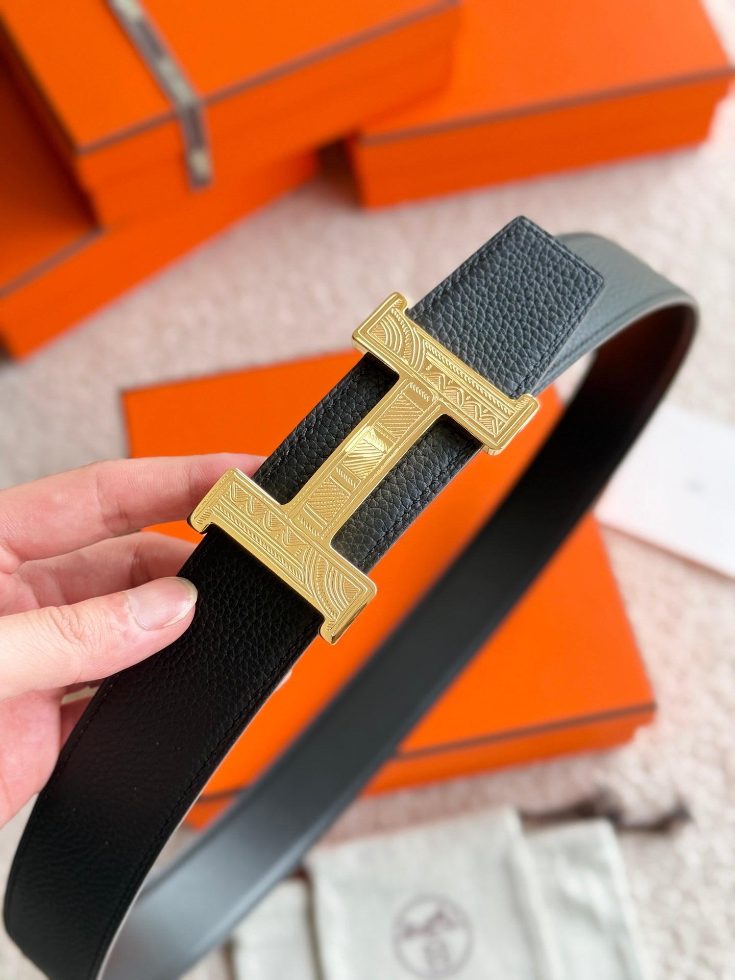 HM Gold Constance Touareg 38mm Belt Black Leather 188432 |Hermès belt